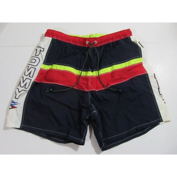 Tommy Hilfiger Mens Swim Trunks Navy / Red / Neon Yellow EUC Large - Picture 1 of 3